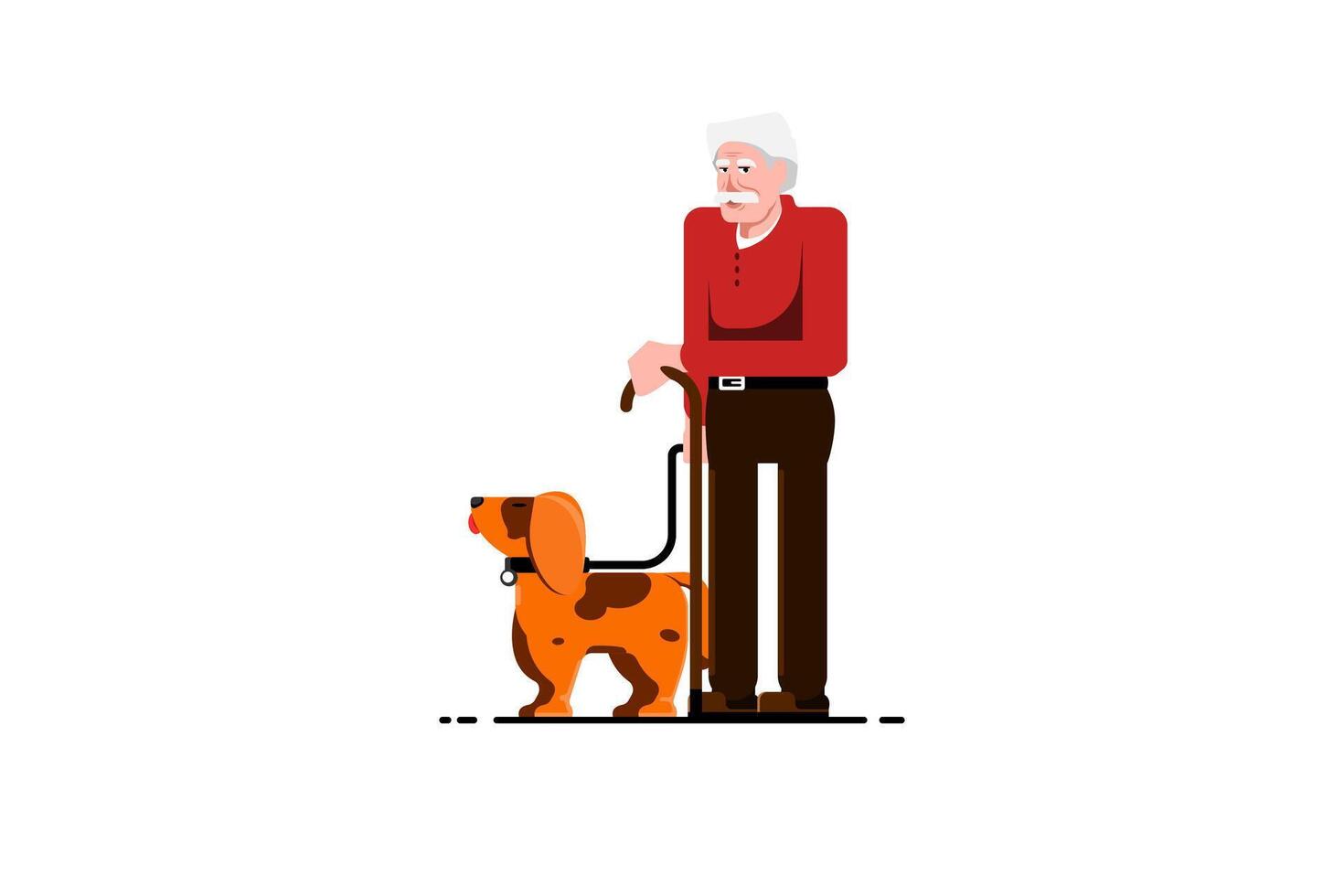 antiguo hombre en pie con perro en aislado fondo, vector ilustración.