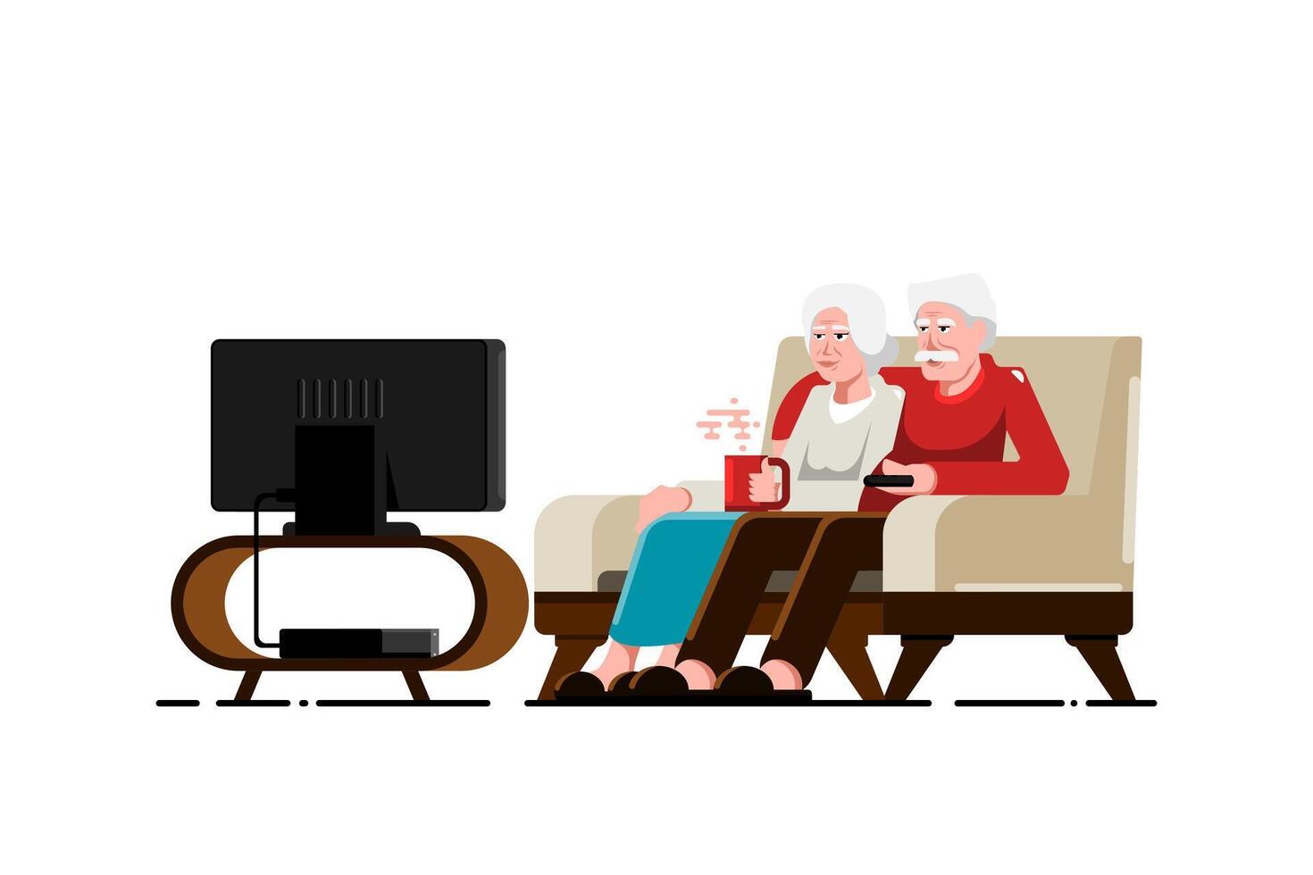 Old man couple relaxing on sofa chair with television on isolated background, Vector illustration.