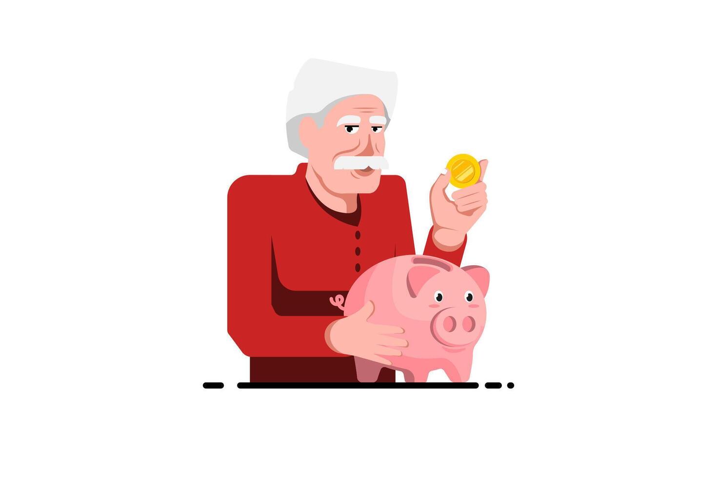 ahorro a el futuro concepto, mayor hombre sostener moneda con cerdito banco en aislado fondo, vector ilustración.