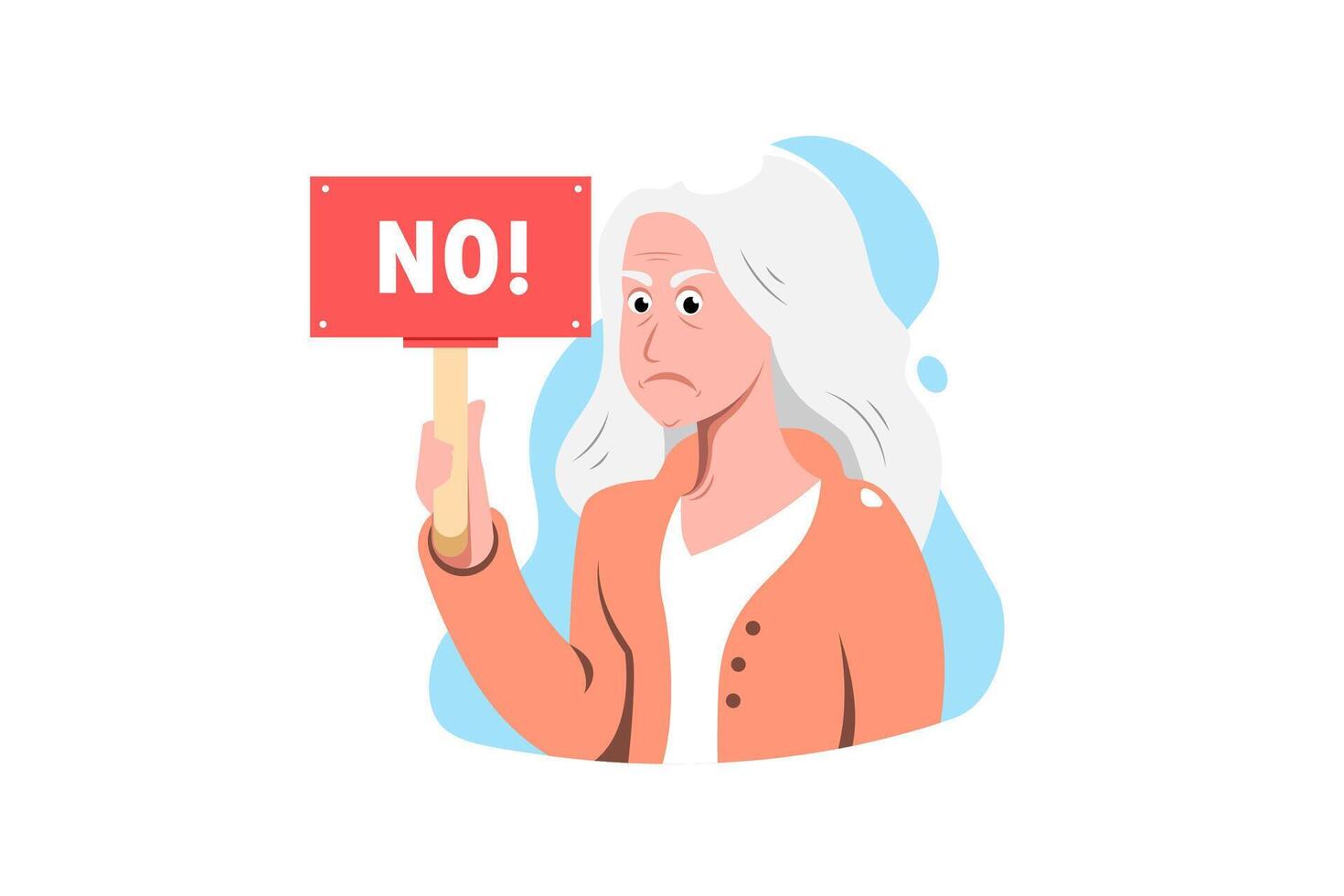 Angry elderly woman holding a no voting sign on isolated background, Vector illustration.