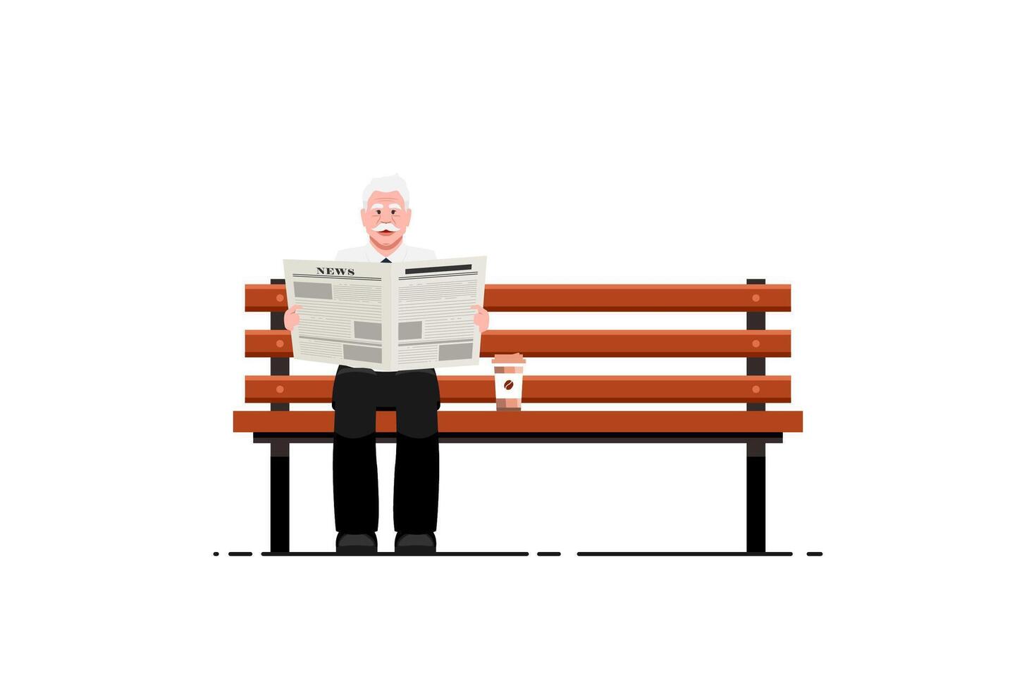 mayor hombre leyendo periódico en banco al aire libre parque con café jarra en aislado fondo, vector ilustración.