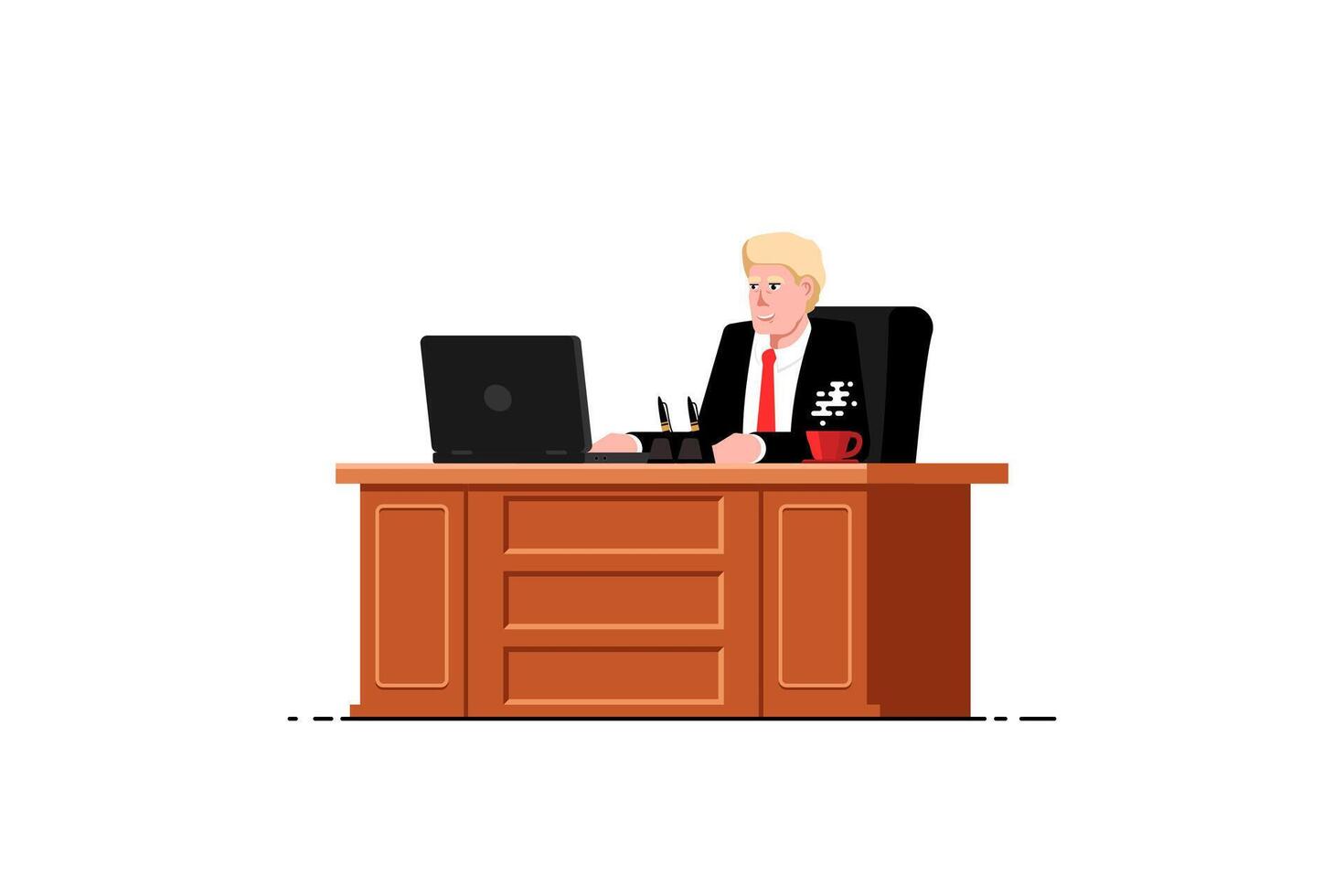 Boss working at desk with laptop on isolated background, Vector illustration.
