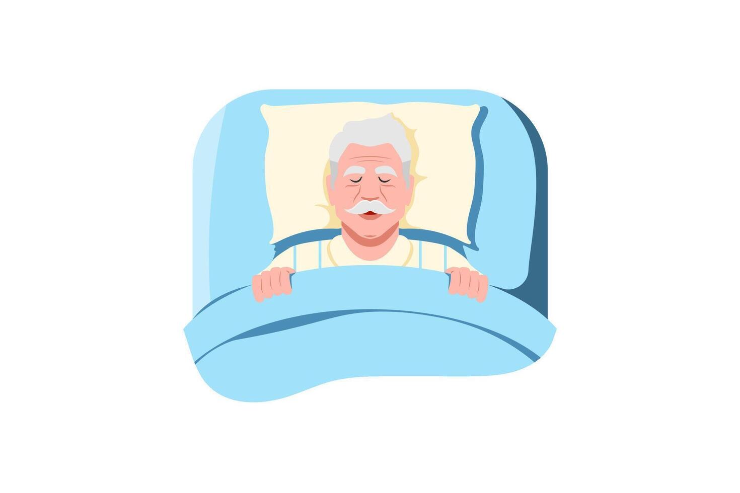 contento antiguo hombre dormido en cama, vector ilustración.