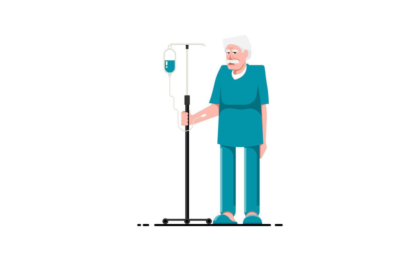 Senior patient with salt water solution saline stand on isolated background, Vector illustration.