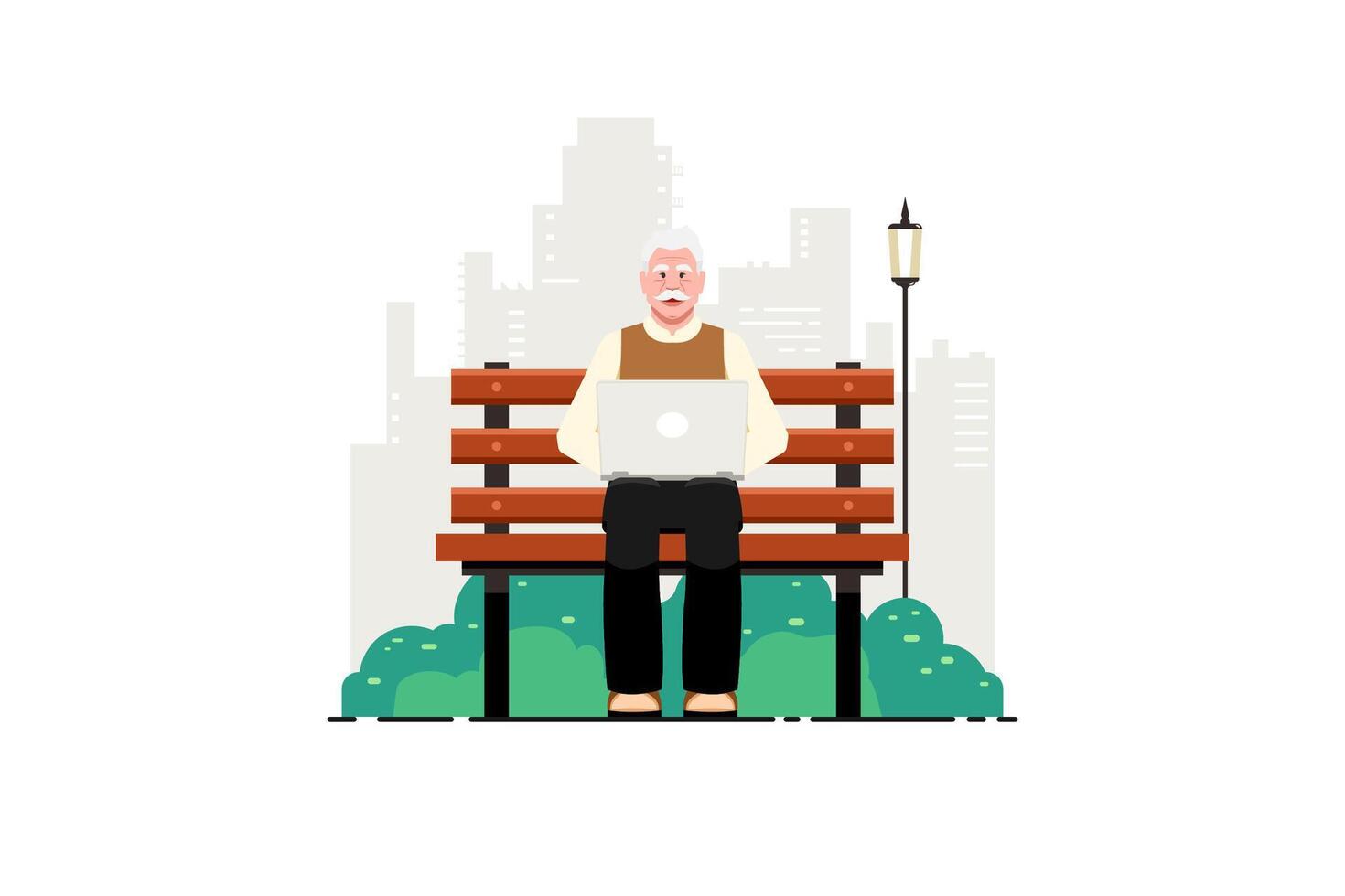 Old man typing laptop on bench outdoor park with city background, Vector illustration.