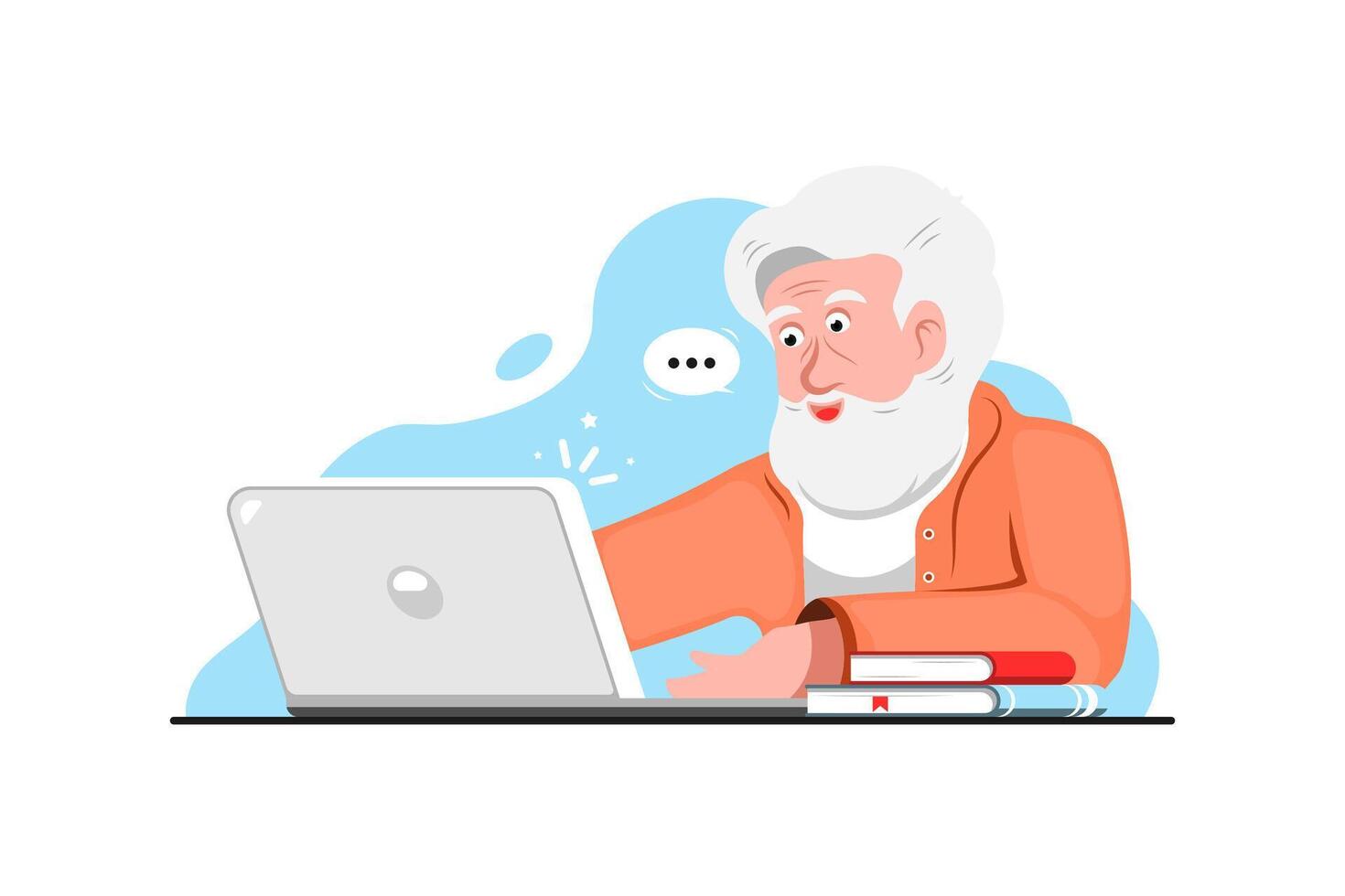 Cartoon elderly man using laptop chat online on isolated background, Digital marketing illustration. vector