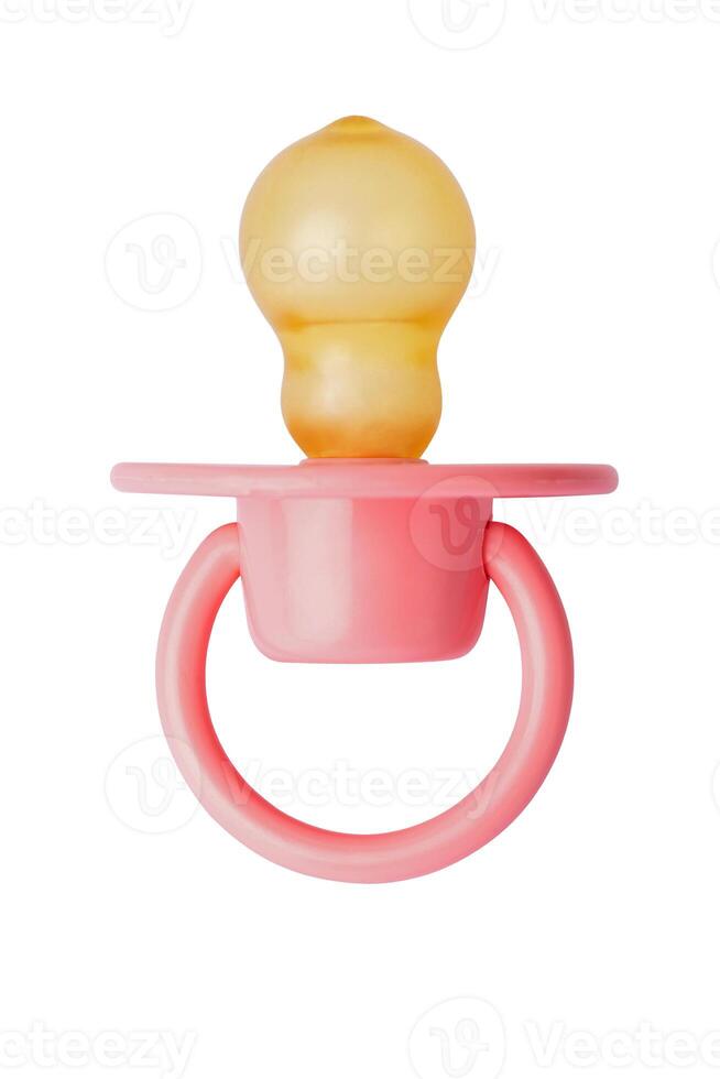 Orthodontic pacifier isolated on white. Pink baby pacifier on white background photo