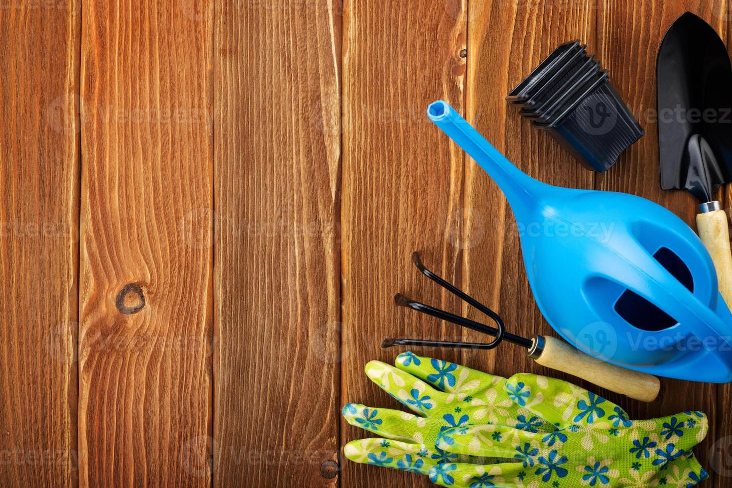 Garden tools on wooden background with space for text top view photo