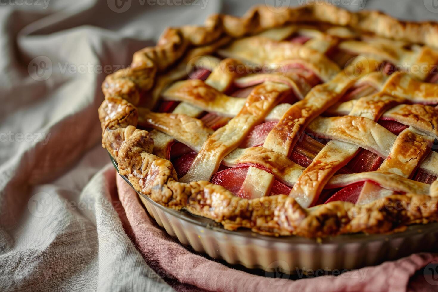 AI generated Freshly baked rhubarb pie with a golden crust. Generative AI photo