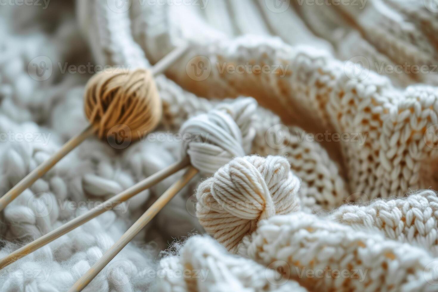 AI generated Knitting needles and unfinished colorful knitted sweater. Generative AI photo