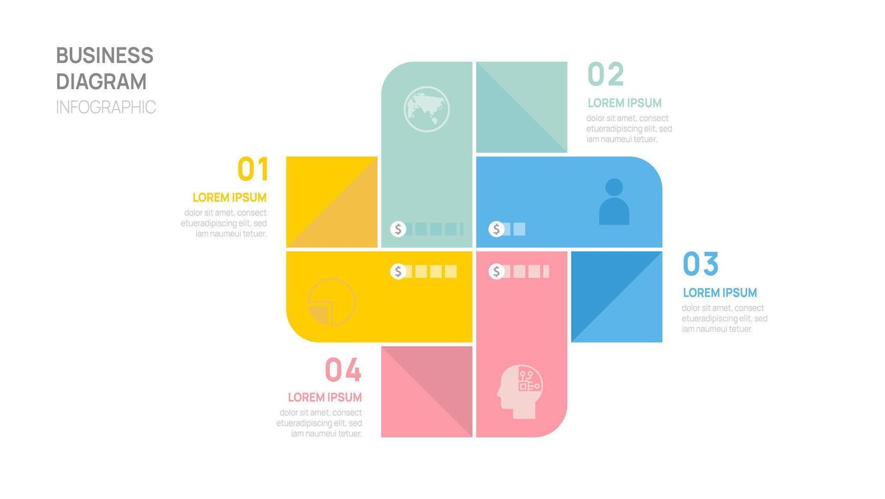 infografía vector modelo con 4 4 pasos para negocio. geométrico etiqueta. para contenido, folleto, diagrama, línea de tiempo, web diseño. vector