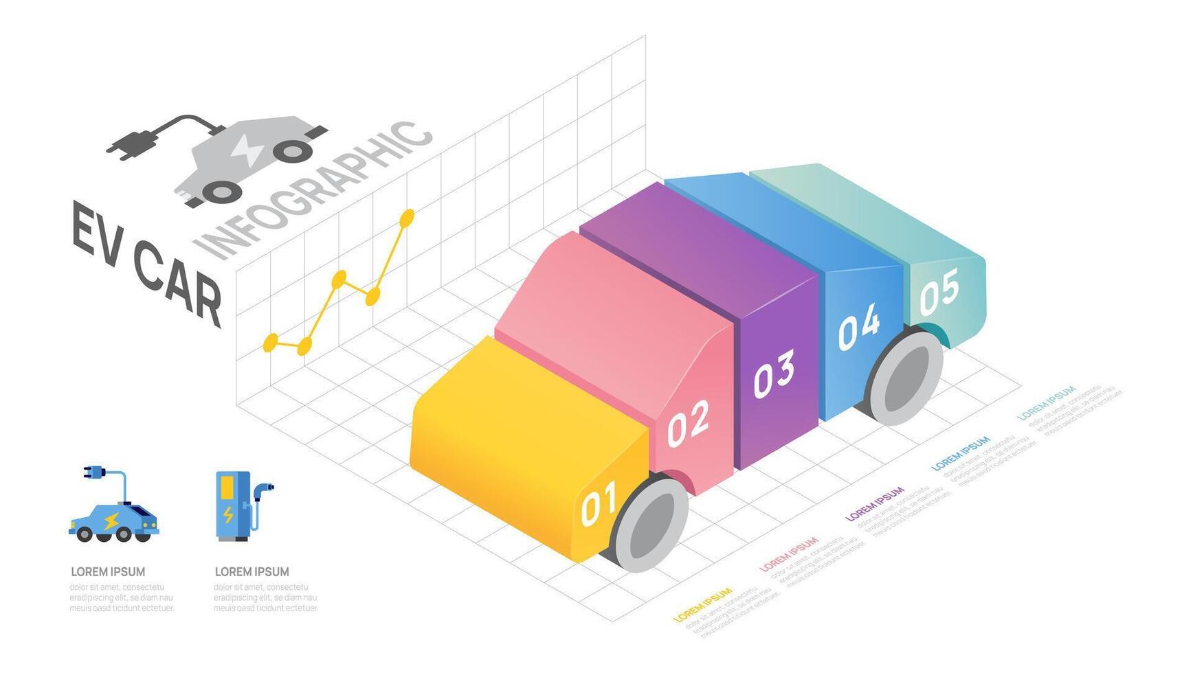 Infographic Electric car isometric diagram template. Modern Timeline 5 step, digital marketing data, presentation vector infographics.