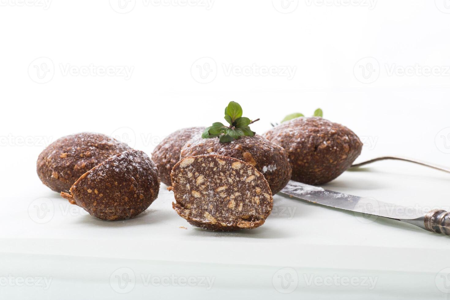 chocolate sweet cakes from mashed biscuits with additives photo