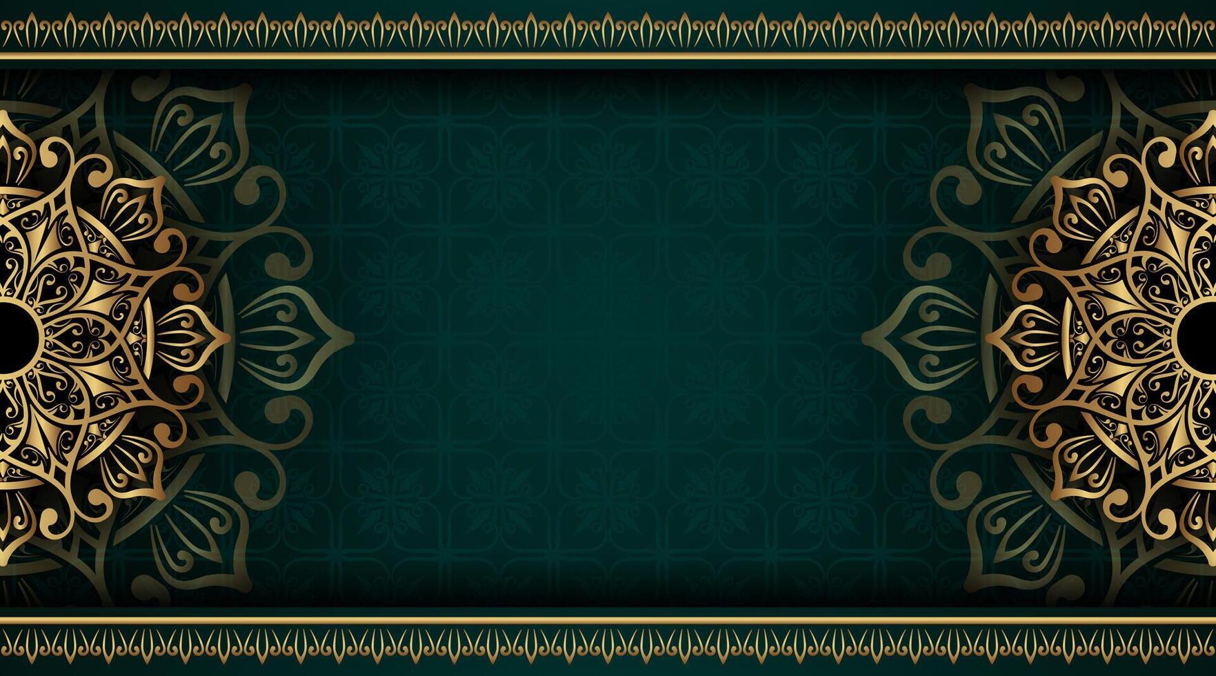 Green background with golden mandala ornament vector