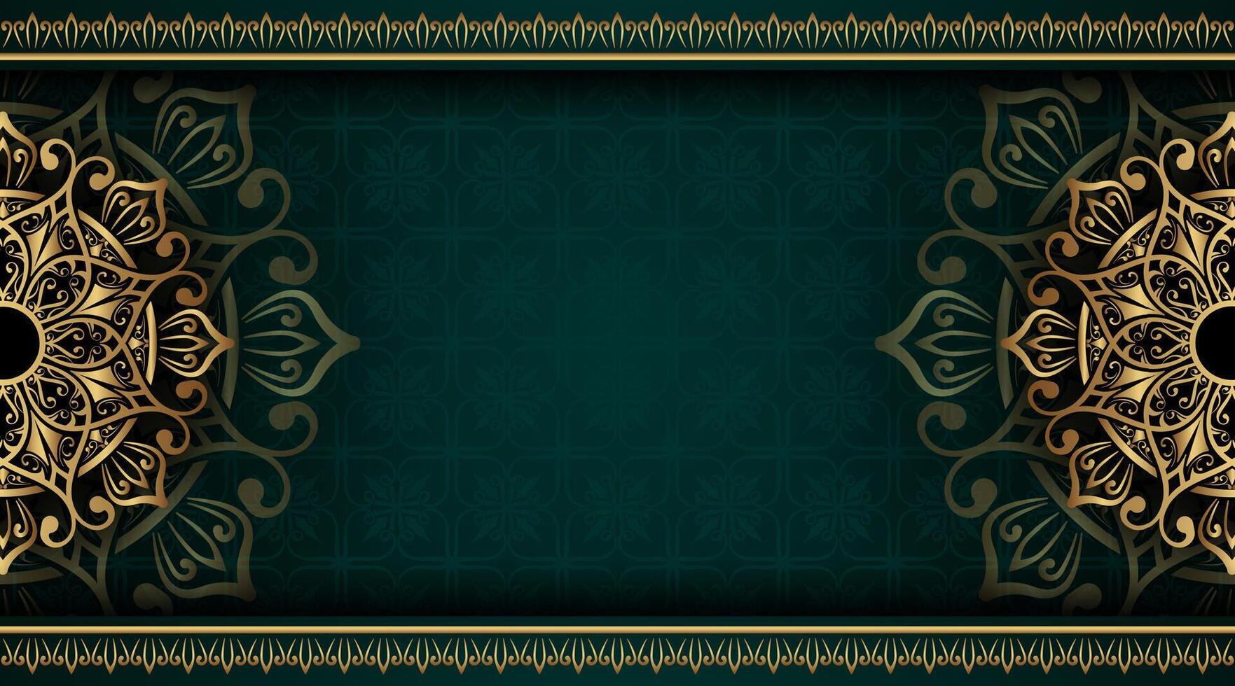 fondo verde con adorno de mandala dorado vector