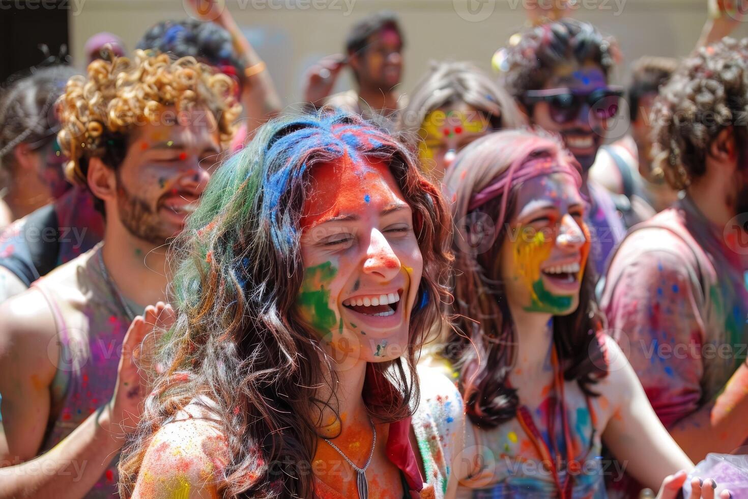 ai generado vibrante reunión a holi festividad foto