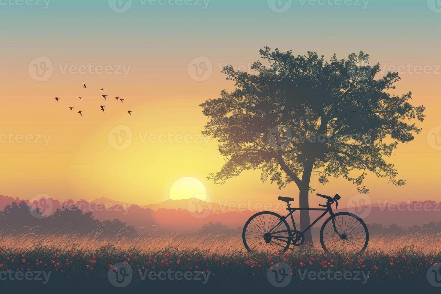 AI Generated Serene Sunset Bicycle Scene photo