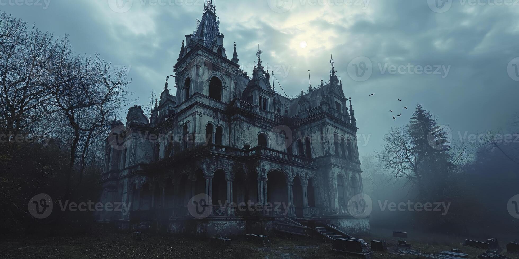 AI Generated Gothic Castle in Twilight with Eerie Atmosphere Surrounded by Bare Trees and Mist photo