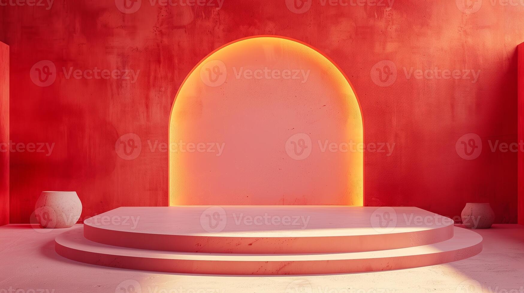 AI generated Modern Red Orange Podium with Arches and Vases 3D Background photo
