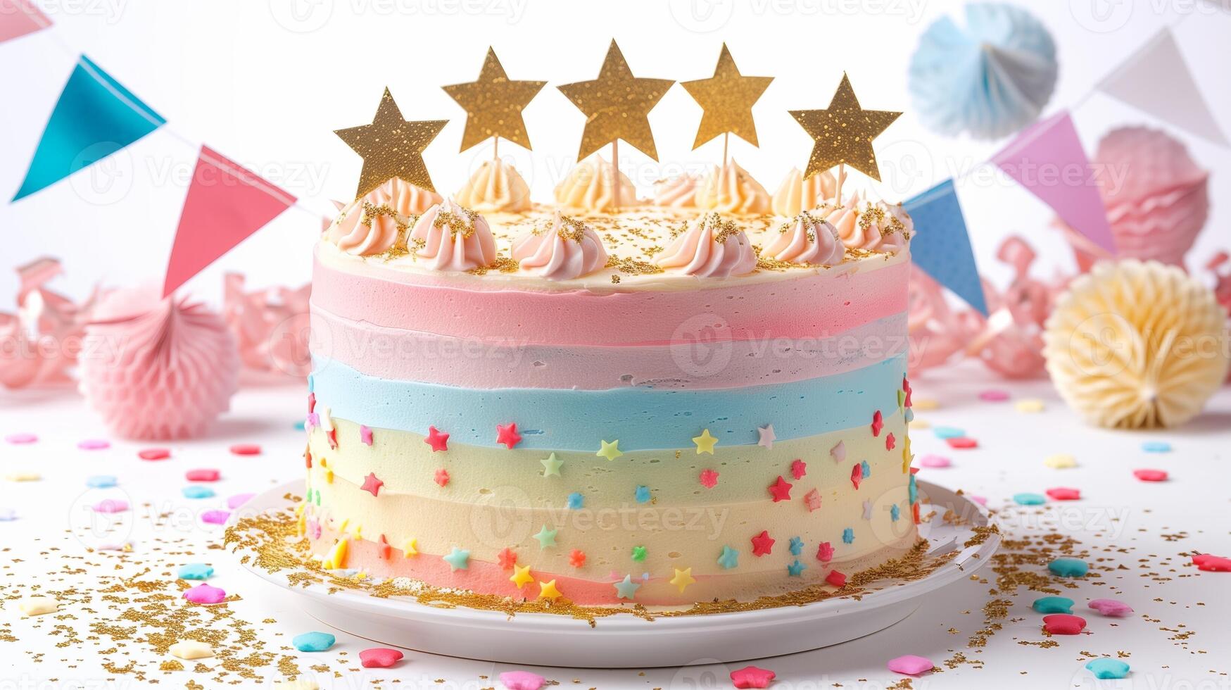AI generated Festive Birthday Cake with Party Decorations photo
