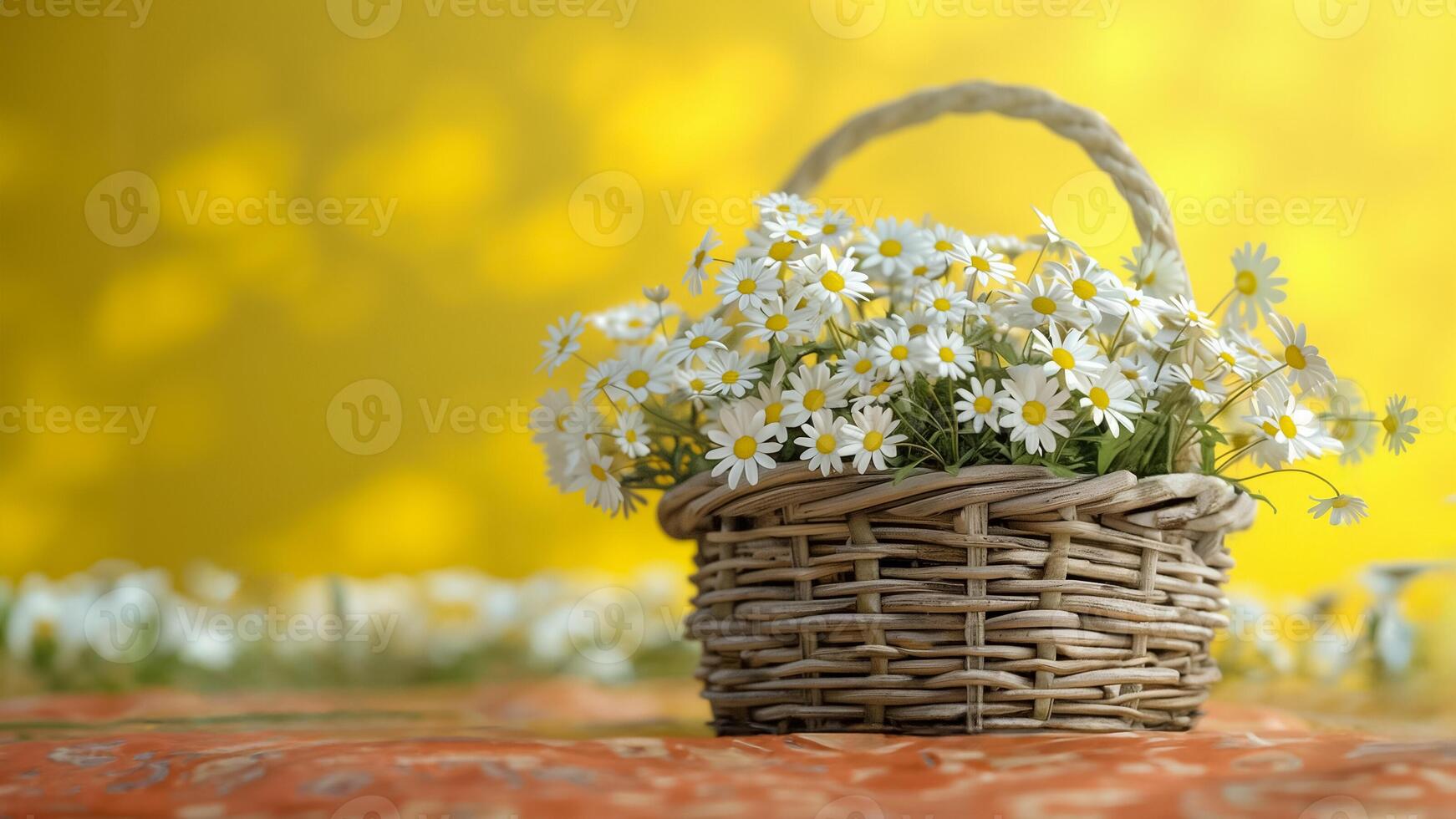 ai generado mimbre cesta lleno de Fresco margaritas en un naranja estampado Manteles con un brillante amarillo bokeh fondo, sugestivo de primavera o verano frescura foto