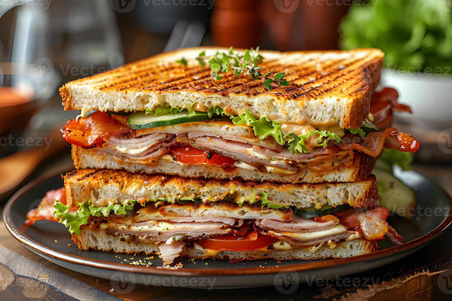 AI generated Sandwich with beef, cheese, and vegetables on a wooden background photo