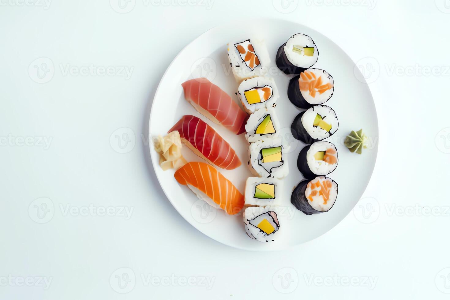 ai generado Sushi servido en un plato aislado en un blanco antecedentes foto