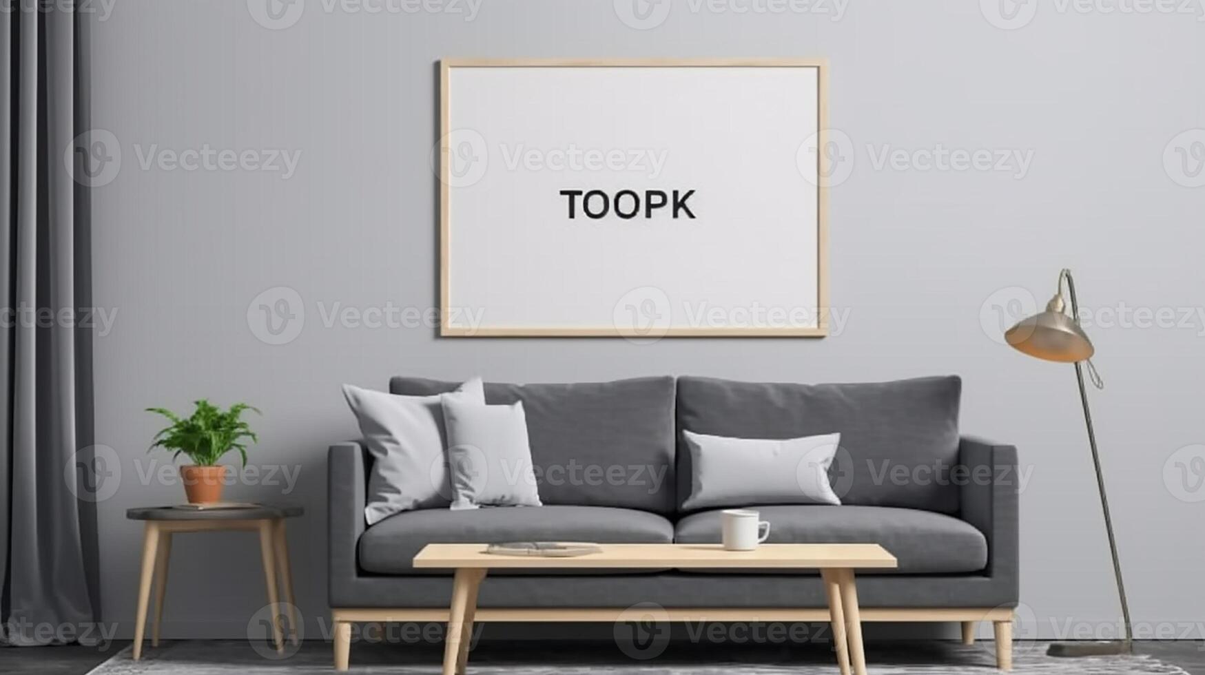 AI generated Mockup frame in Scandinavian living room interior with grey sofa, table and decor photo