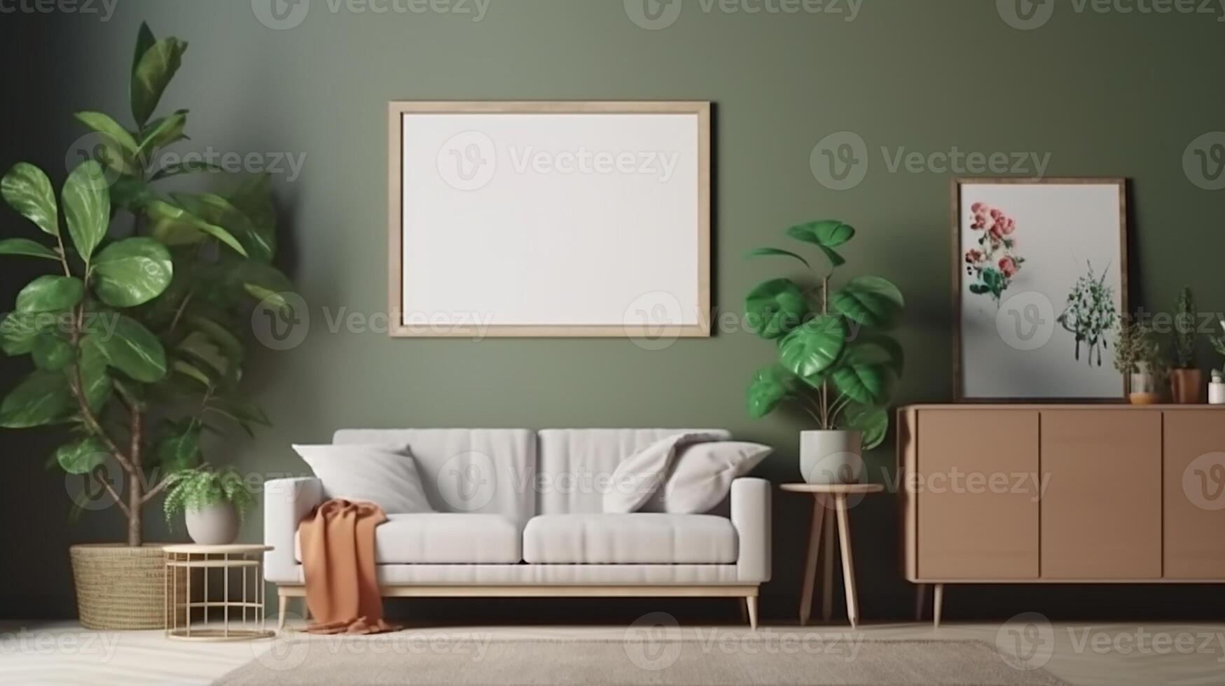 AI generated Warm and cozy composition of spring living room interior with mock up poster frame photo