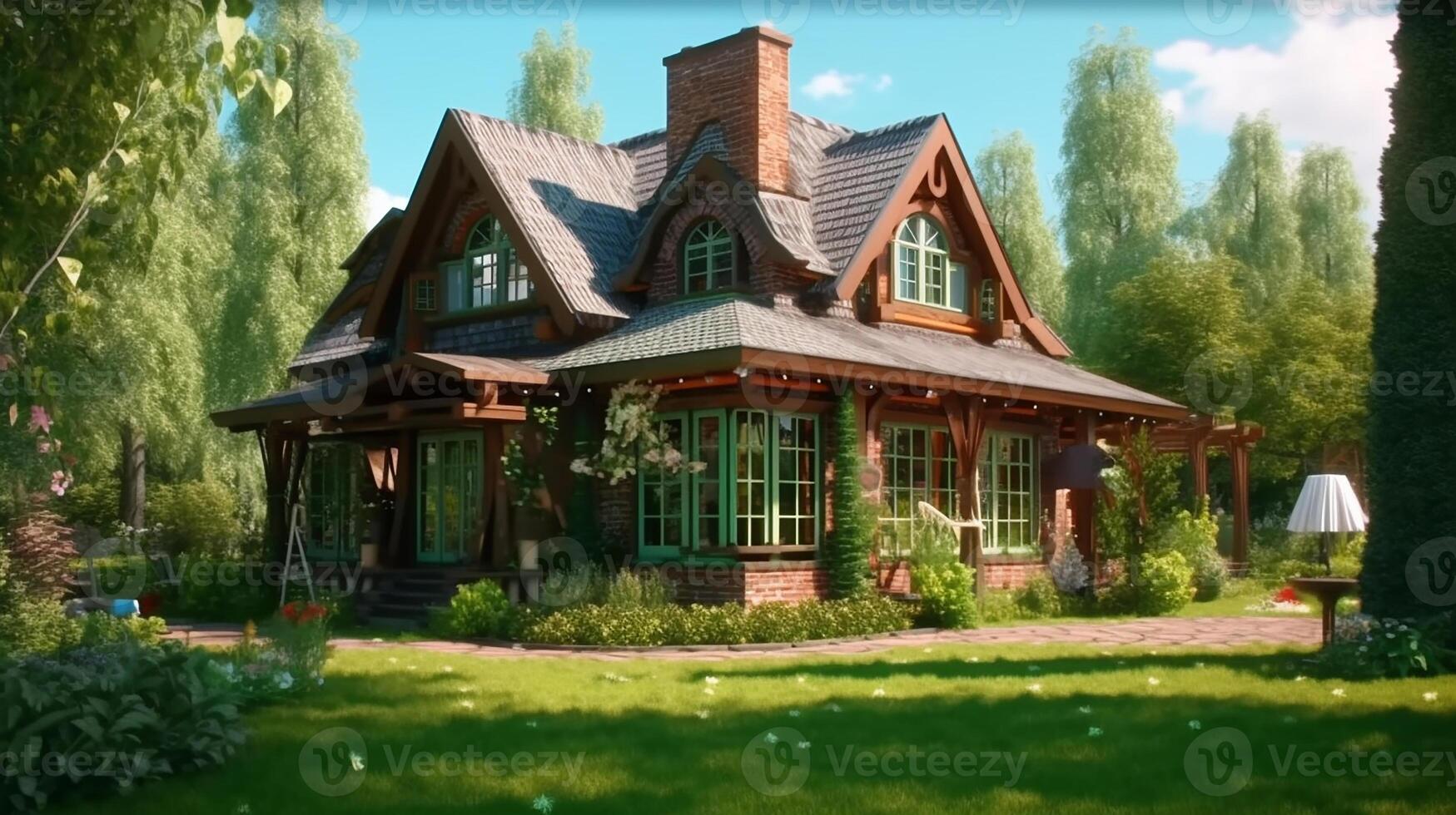 AI generated A wooden cottage with a green lawn. Cottage with panoramic windows photo