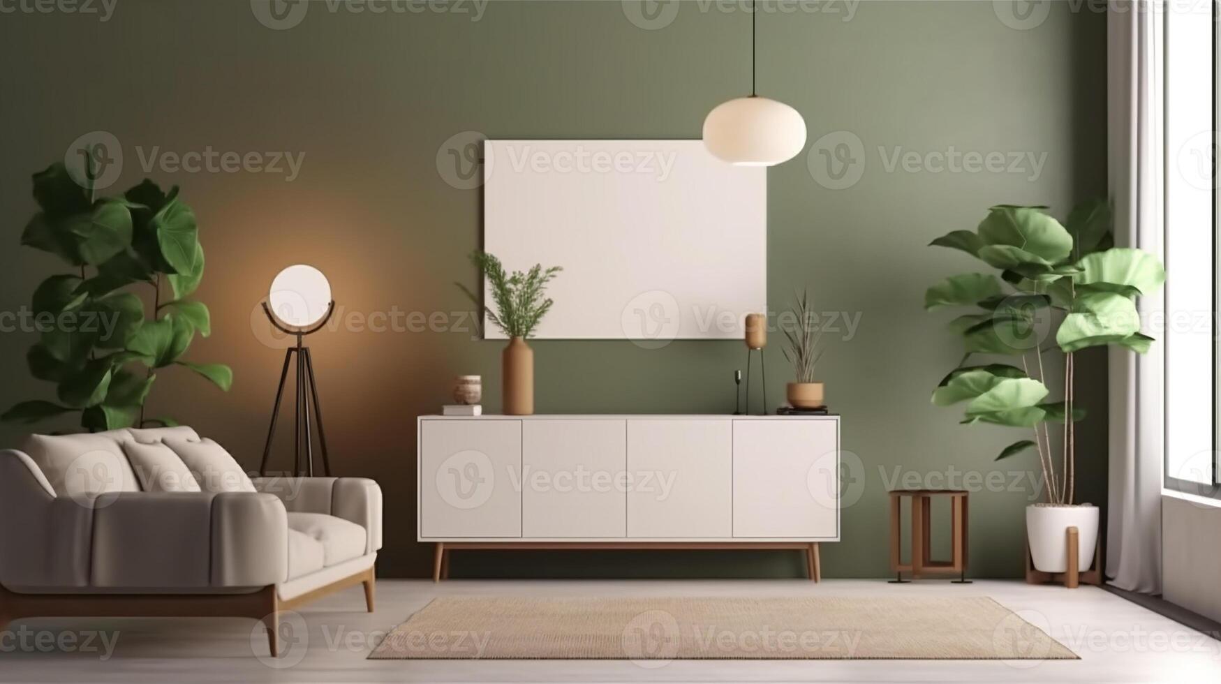 AI generated Warm and cozy composition of spring living room interior with mock up poster frame photo