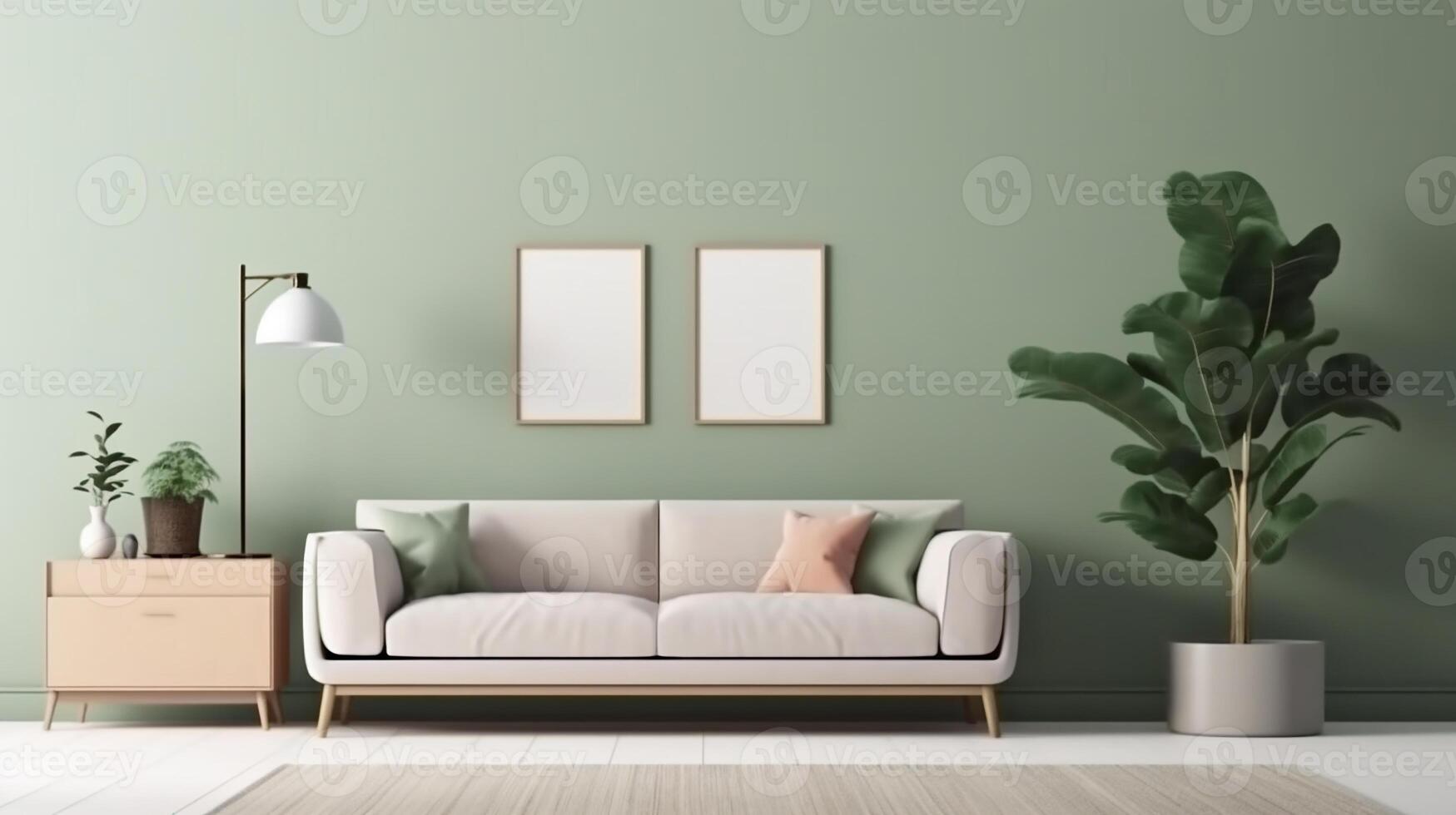AI generated Warm and cozy composition of spring living room interior with mock up poster frame photo