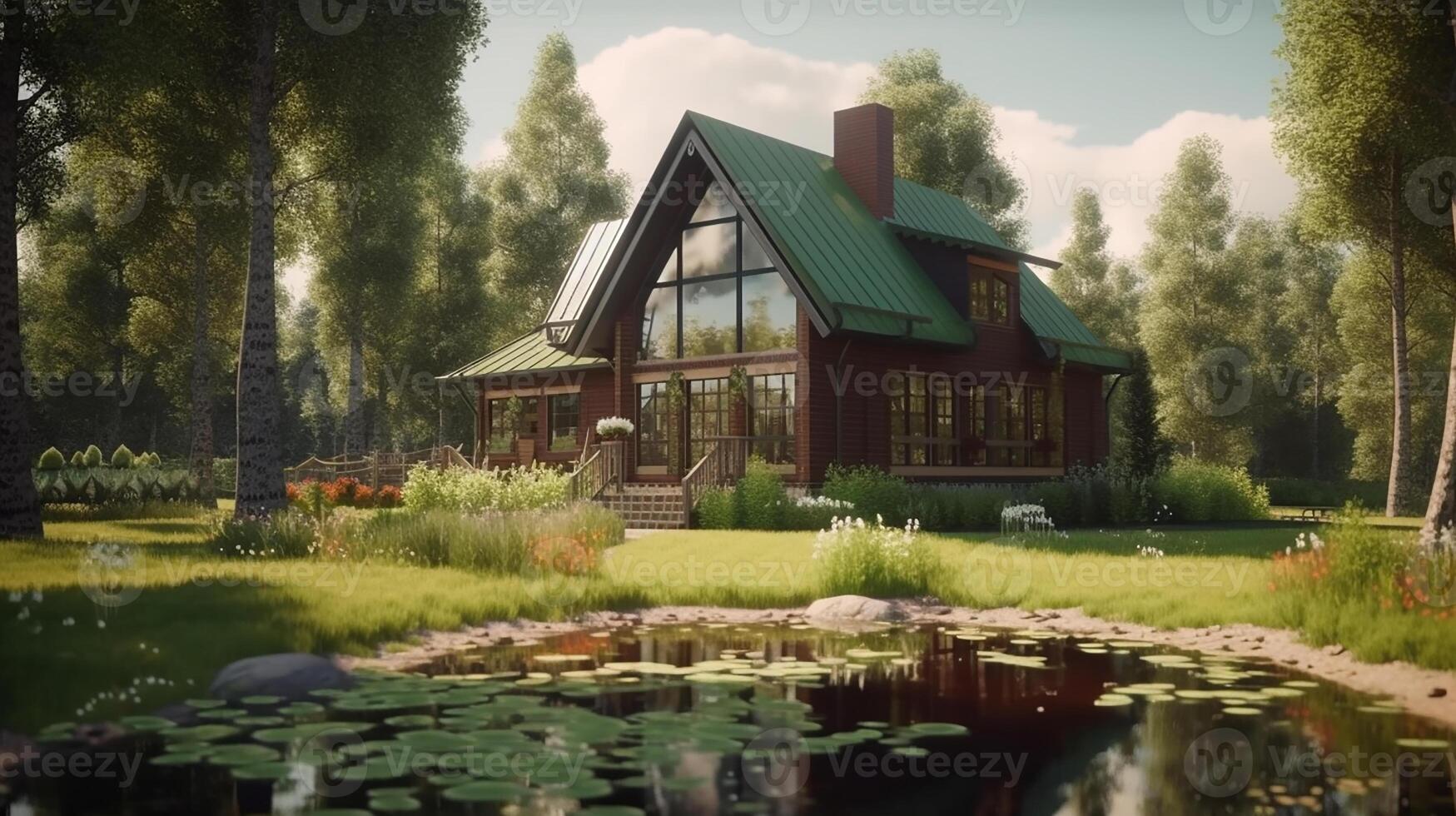 AI generated A wooden cottage with a green lawn. Cottage with panoramic windows photo