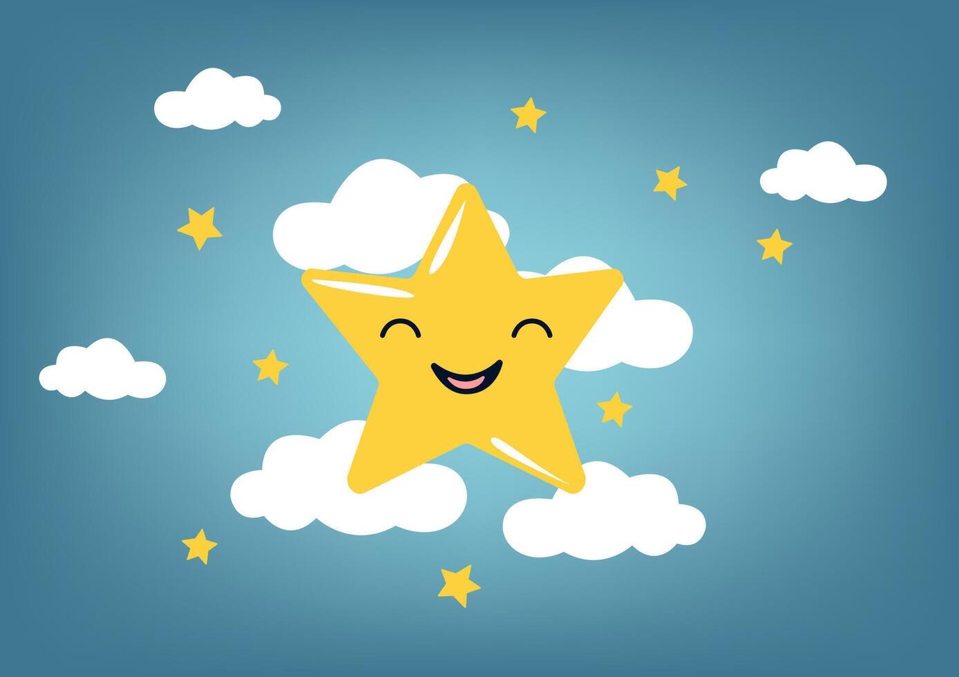 Cartoon vector illustration of a sparkling star in the night sky twinkling above fluffy clouds. This whimsical artwork captures the magic of a starry night, perfect for cartoon illustrations, vector