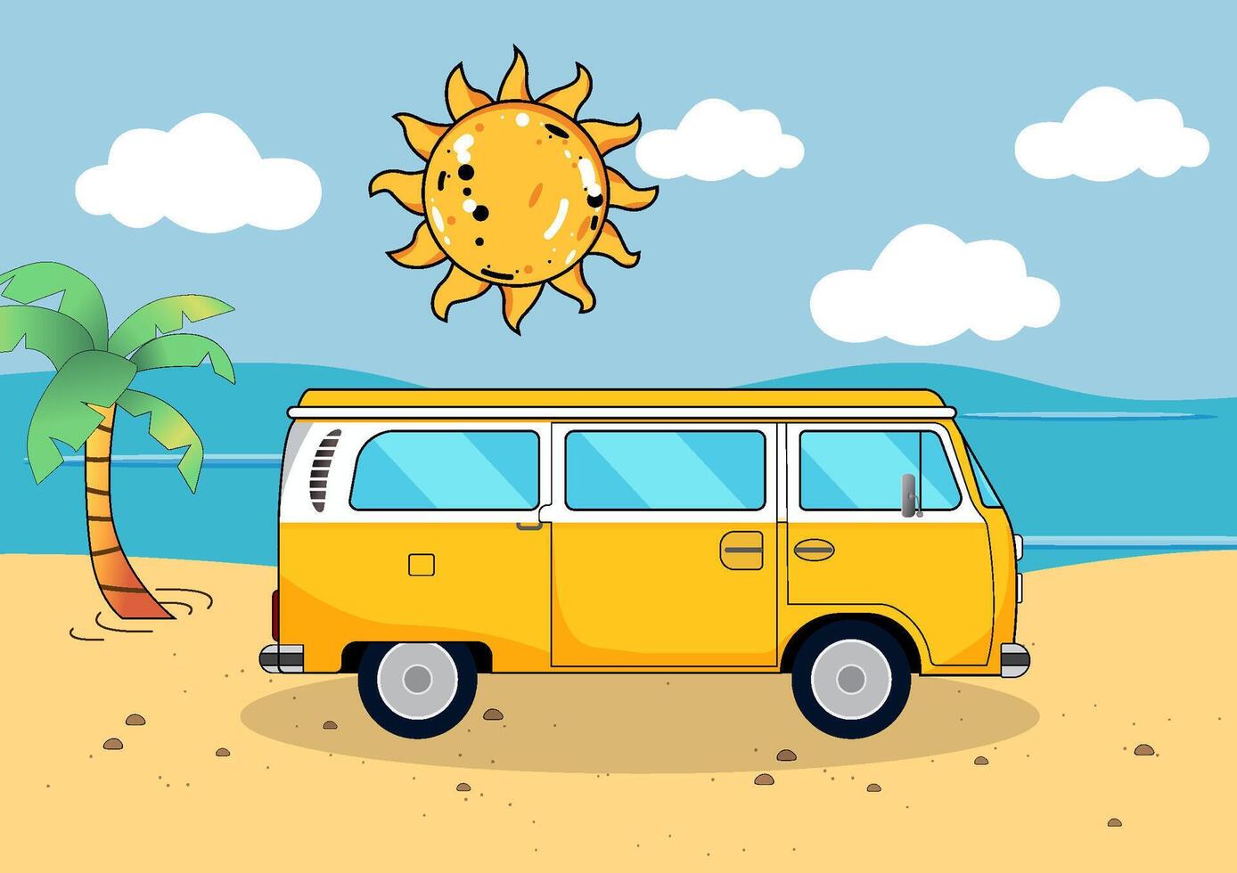 dibujos animados vector ilustración de un mini camioneta estacionado en el playa, con un claro azul cielo y un brillante Dom en el antecedentes. relajado atmósfera de un playa día, vacaciones- diseños y apto para familias