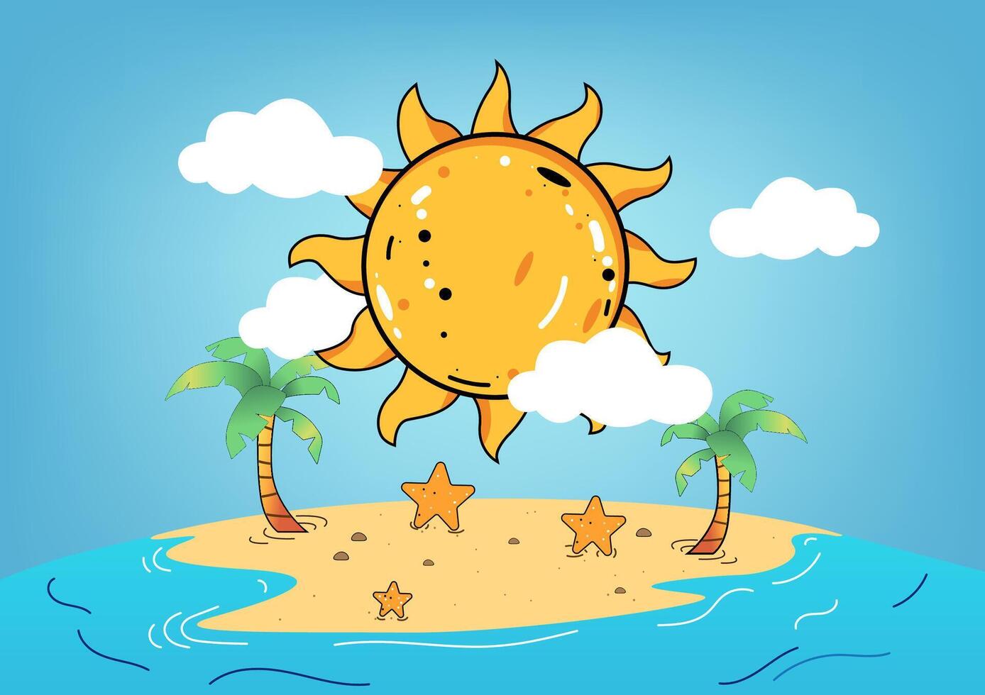 Cartoon vector illustration of the sun in the sky, with clouds casting rays onto a beach dotted with starfish and waves crashing against the shore. artwork  beauty of a sunny day at the beach
