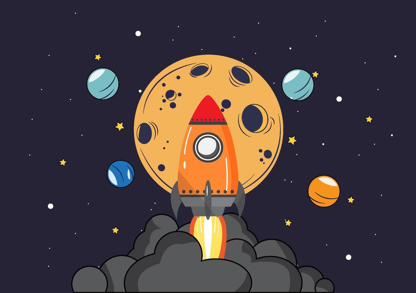 Cartoon vector illustration of a rocket launching from a launch pad, ascending towards the moon, surrounded planets.  excitement of space exploration, perfect for science designs and educational