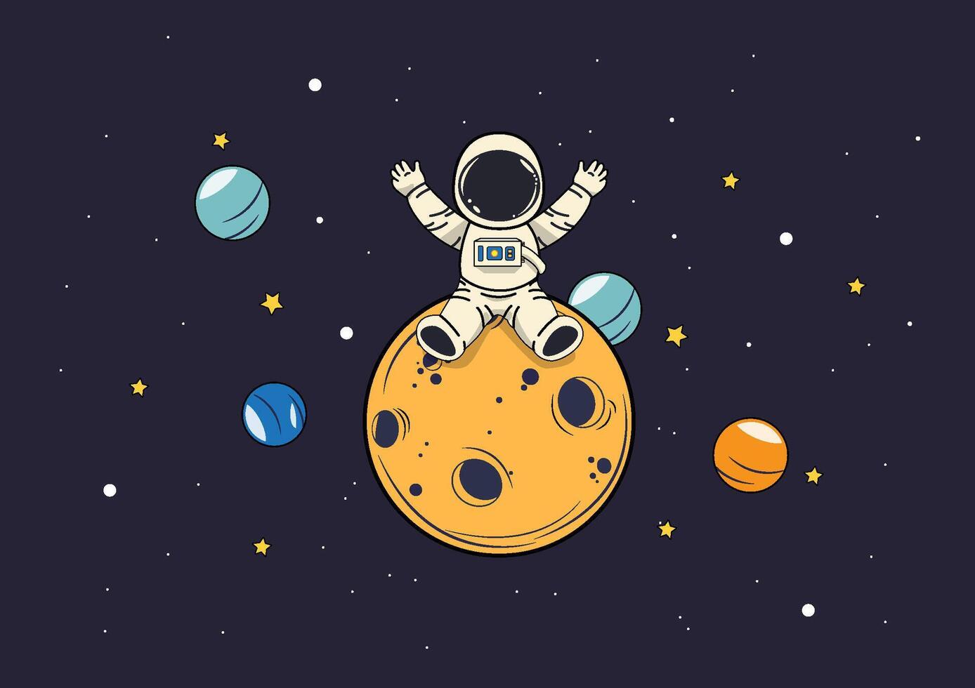 Cartoon illustration of an astronaut seated on the moon, surrounded by planets and stars. the adventurous spirit of space exploration, with the astronaut gazing at the cosmos. cartoon and vector