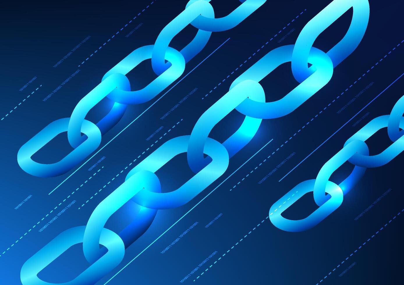 Blockchain technology A long chain connected together. with number code Shows data storage technology that are linked together into a network through computer encryption which stores secure data vector