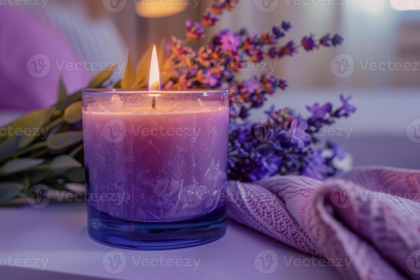 ai generado aromaterapia concepto. Violeta perfumado vela con lavanda flores generativo ai foto