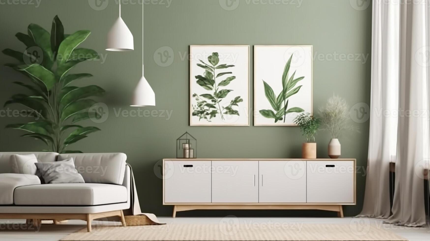 AI generated Warm and cozy composition of spring living room interior with mock up poster frame photo
