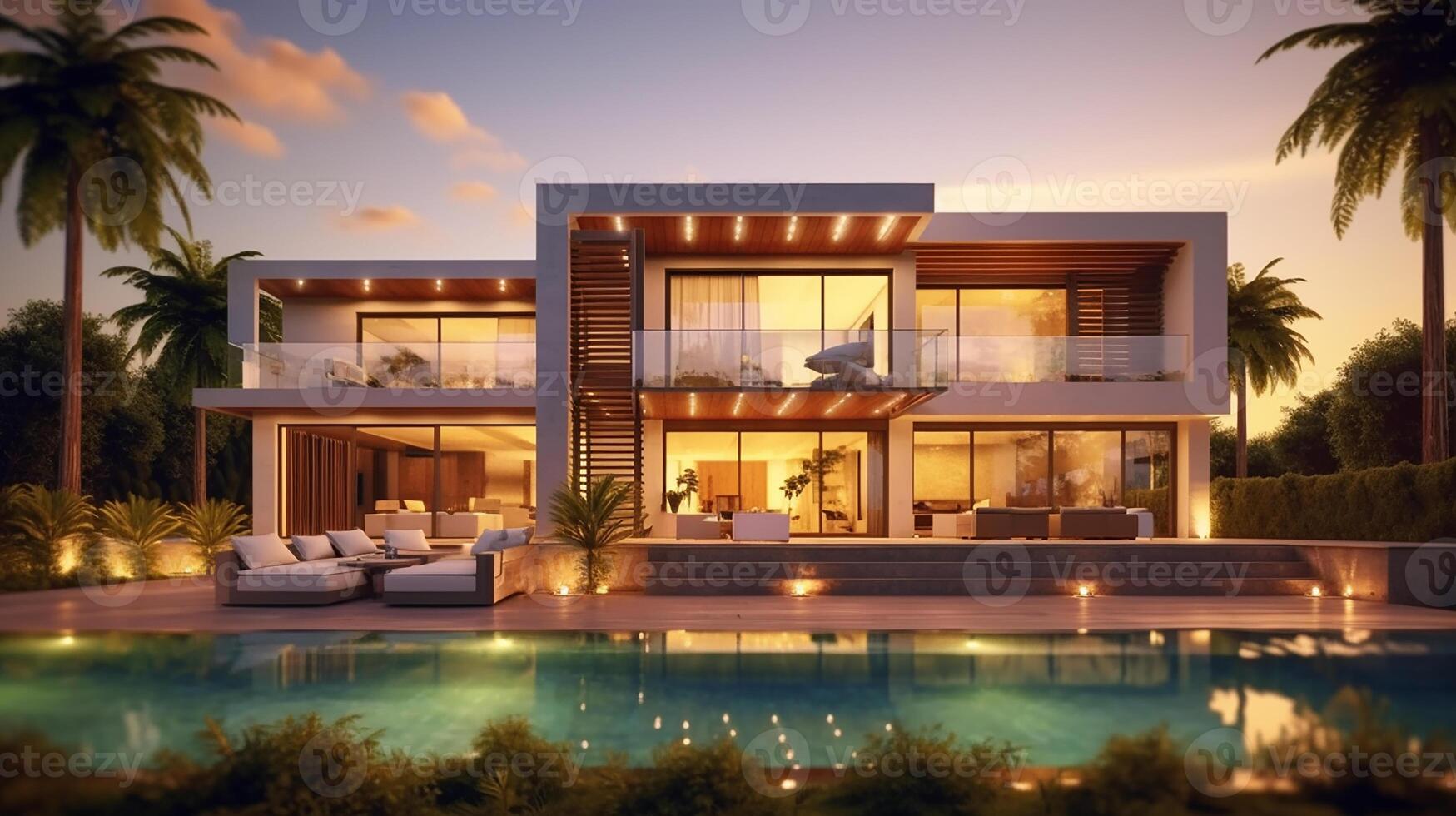 AI generated Modern real estate exterior architecture of luxury home in beautiful villa photo