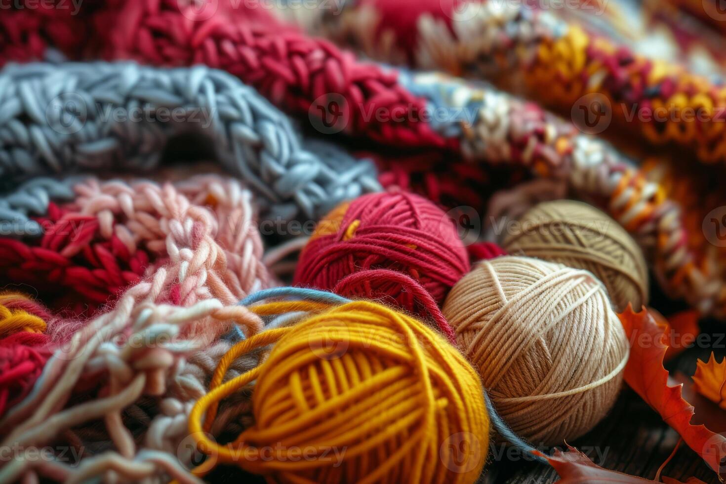 AI generated Cozy variety of colorful yarn for knitting and unfinished knitted work. The concept of hobby and comfort. Generative AI photo