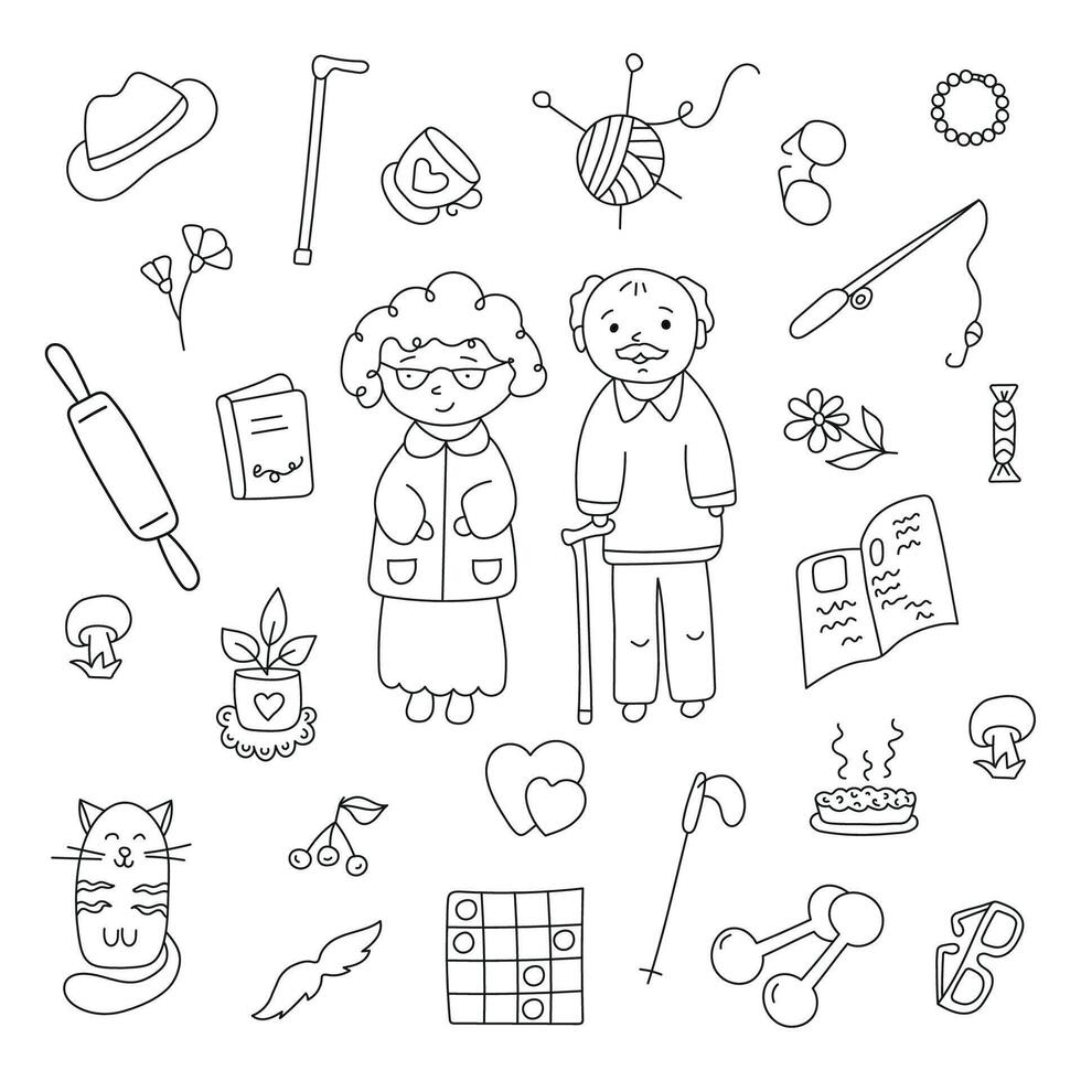 Grandfather and grandmother set. Vector illustration in doodle style.