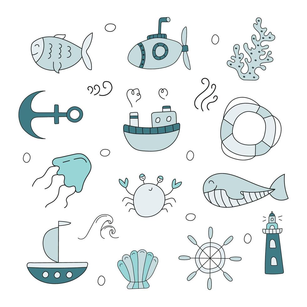 Marine set. Vector illustration in doodle style.