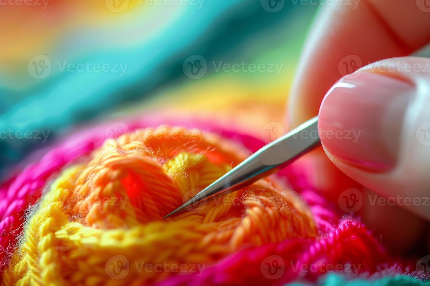 AI generated Knitting needles and unfinished colorful knitted sweater. Generative AI photo