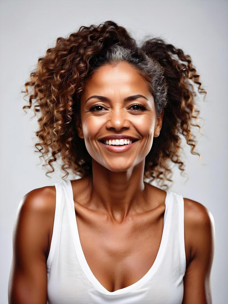 ai generado retrato de hermosa maduro africano americano mujer en blanco sin mangas parte superior aislado en blanco fondo, belleza y maquillaje plantilla, estilo de vida foto