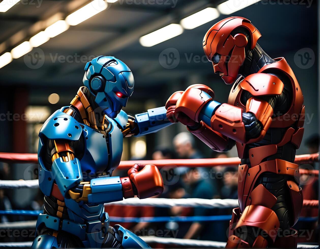 AI generated Robots boxing match in boxing gloves, artificial intelligence concept, ai, background, cyborg fighting, photo