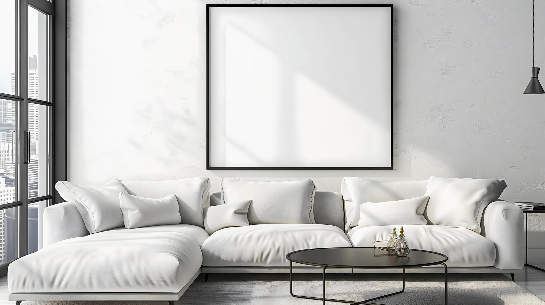 AI generated Modern industrial living room interior design, 3d render,  cosy sofa bed wit white blank empty photo frame on the wall, copy space area, architecture background