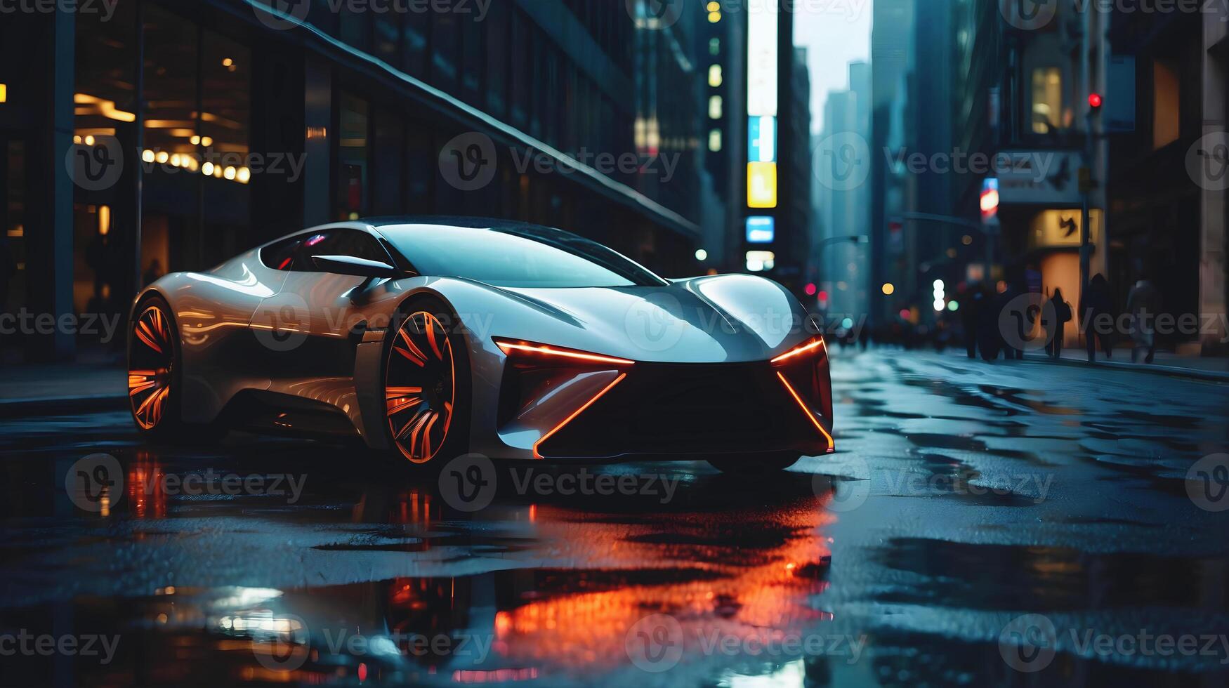 AI generated Modern futuristic sport race car in city street at night, auto background, automotive wallpaper, template with copy space area photo